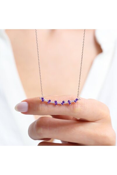 Mia Vento Kadın Ametist Baget Taşlı Işıltı Şeridi Rose Renk Gümüş Kolye