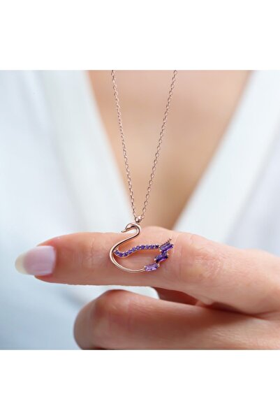 Mia Vento Kadın Ametist Taşlı Işıltılı Kuğu Rose Renk Gümüş Kolye