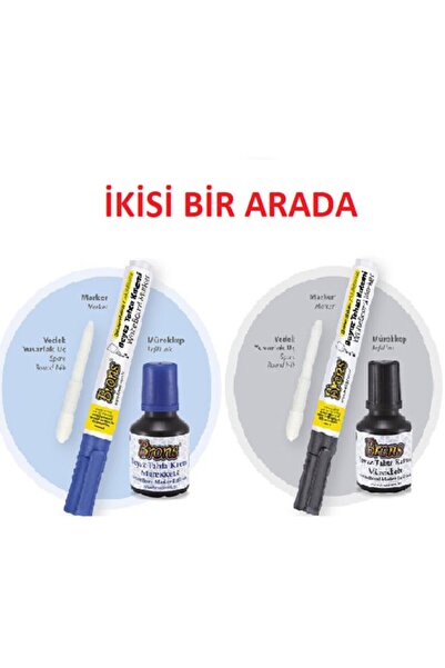 Brons Beyaz Tahta Kalemi Ve Mürekkep Seti 2 Si Bir Arada ( Mavi Ve Siyah)