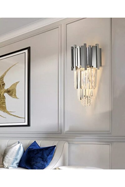 burenze Modern Luxury Kristal Taşlı Aplik Gümüş Mat Gri