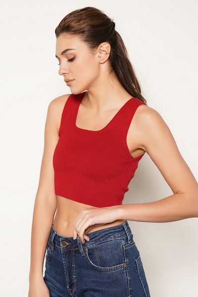 Trist Star Red 100% Organic Cotton Lycra Crop Square Collar Knitwear Athlete Knitted Blouse