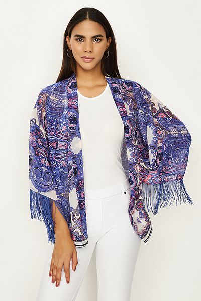 Select Moda Women's Blue Patterned Tassel Kimono