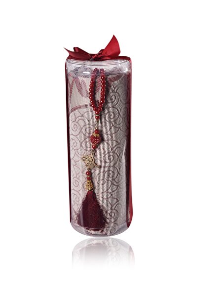 ikrahac Bordo Silindir Kutu Pamuk Seccade & İnci Tespih 24.5x8