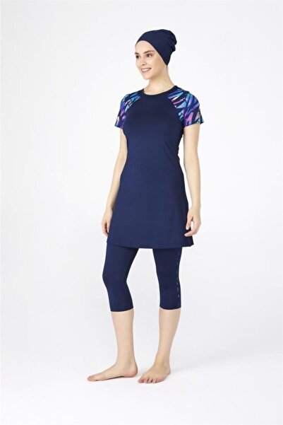 TESMAY 0446 Koyu Lacivert Lycralı Yarı Kapalı Havuz Mayo