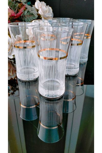 Paşabahçe Azur Eiffel Hand Decorated Striped Gold Gilded Water and Soft Drink Glass for 12 People