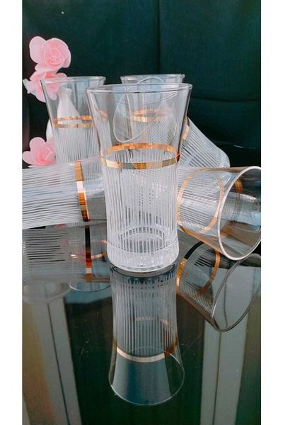 Paşabahçe Azur Eiffel Hand Decorated Striped Gold Gilded Water and Soft Drink Glass for 12 People