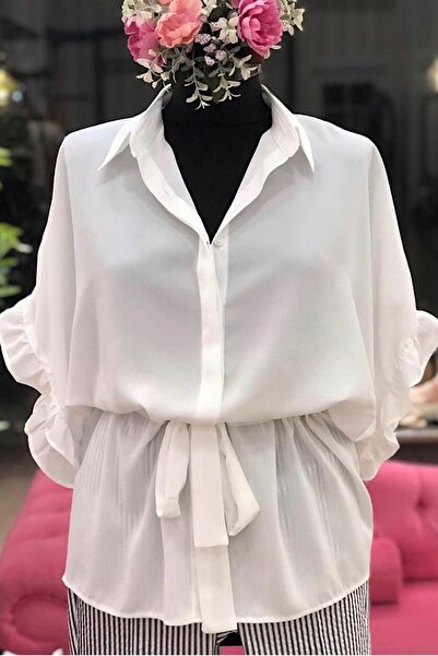 FEMELLE Λευκή μπλούζα σιφόν - μισό μανίκι, πλισέ μέση, χαλαρή εφαρμογή (ένα μέγεθος - επιλέξτε μικρότερη)