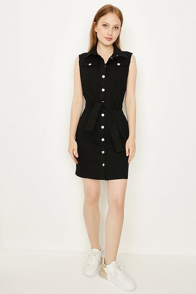 Select Moda Rochie de damă mini din denim cu curea cu nasturi