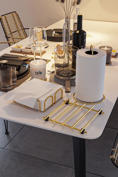 Bino Service Presentation Set Towel Holder Napkin Holder Trivet Gold Gold Filled Shiny Stainless Steel Set of 3 Kitchen