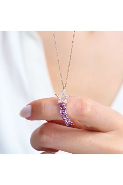Mia Vento Ametist Baget Taşlı Kuyruklu Yıldız Rose Renk Gümüş Kolye