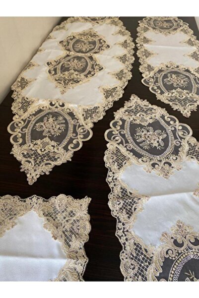 glory home Ats 5 Parça Gold Salon Takımı Linen Kumaş Fransız Dantelli