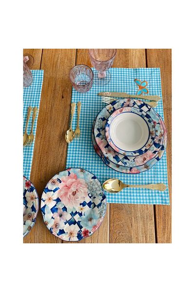 Ezem Set de 2 servicii americane brodate cu fluture Gingham albastru deschis