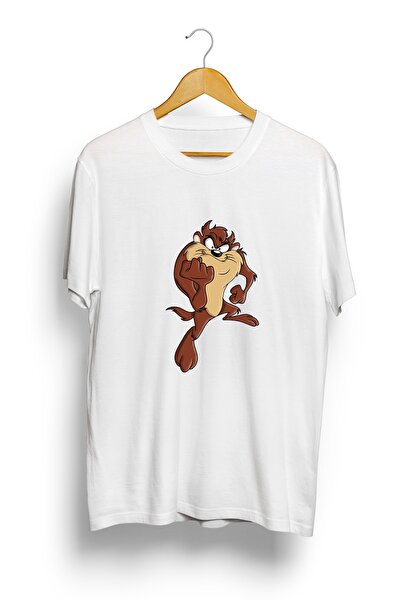 IvırZıvır Unisex Beyaz Oversize Tazmanya Canavarı Baskılı T-shirt