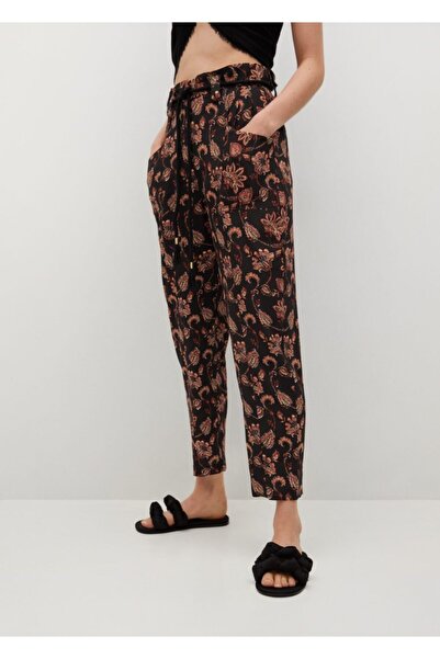 MANGO Woman Kadın Siyah Çiçekli Pantolon