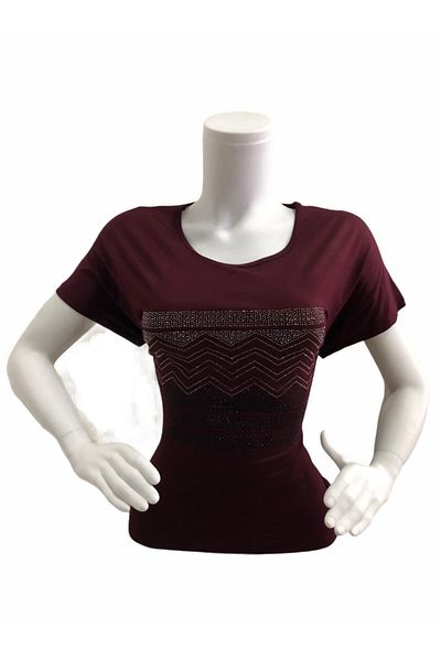 Elele Tricou de damă din bumbac pieptănat cu model de piatră, bordeaux