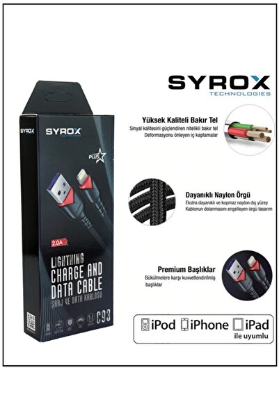 Syrox C93 Iphone Lightning Girişli 2.0a Hızlı Şarj ve Data Kablosu C93