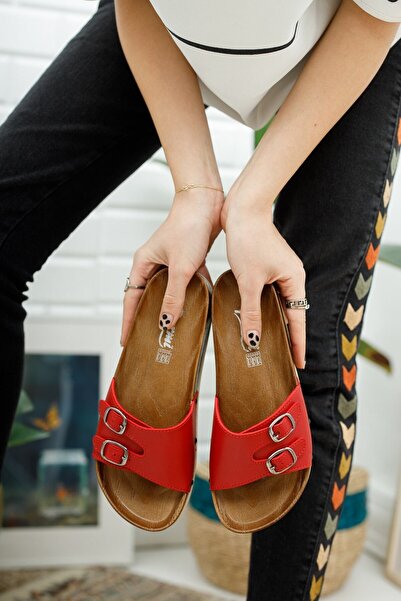 PARMİ Women's Red Anatomical Sole Buckle Slippers