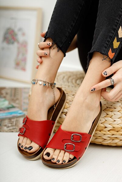 PARMİ Women's Red Anatomical Sole Buckle Slippers