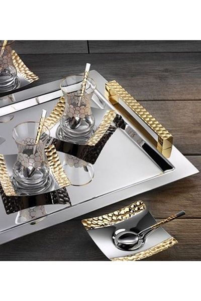 ÖzSa Home 37 Pieces Honeycomb Gold Tea Set with Handles 18/10 Stainless Steel