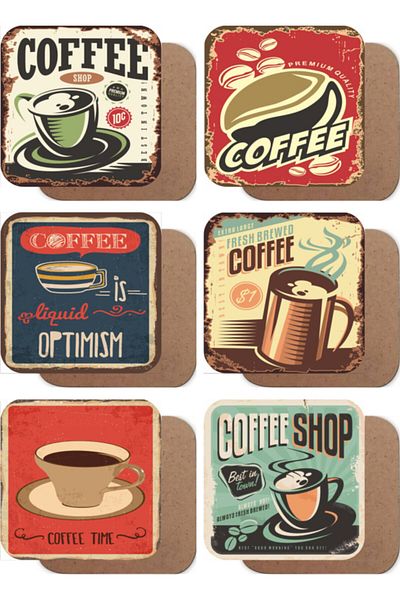 Hayat Poster Coffee Retro Vintage Style Set of 6 Wooden Coasters