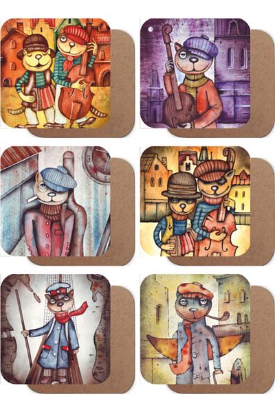 Hayat Poster Musician Cats Illustrations Set of 6 Wooden Coasters