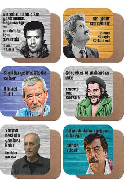 Hayat Poster Deniz Gezmiş, Che, Adnan Yücel, Ahmet Telli, Revolution Themed Set of 6 Wooden Coasters