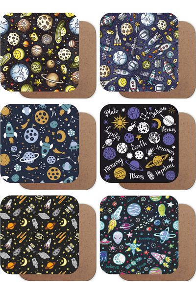 Hayat Poster Stars And Planets, Space Themed Set Of 6 Wooden Coasters