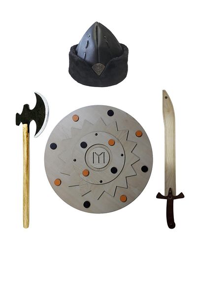 Ahtek Ottoman State Embroidered Children's Börk and Wooden Toy Sword Shield Set 4 Pieces