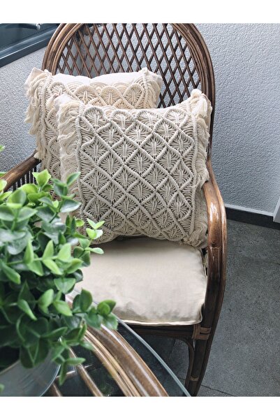 MtHomeStore Keten Kırlent Kılıfı Bohem Tarzı El Yapımı 45x45 Yastık Kılıfı, D...