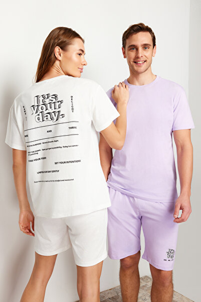 Trendyol Collection Ecru barevné dámské pyžamo Set – 100% bavlna, Slogan Print, THMSS24PT00177