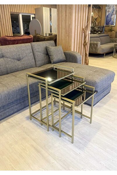 Lamra Dizayn Rana 3'lü Gold Sehpa Füme Aynalı Çok Amaçlı Metal Sehpa