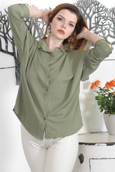Chiccy Khaki Shirt Collar Long Sleeve Woven Casual Shirt