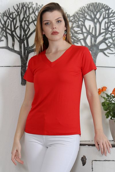 Chiccy Red V-Neck Short Sleeve Knitted Casual Blouse