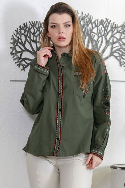 Chiccy Σκούρο πράσινο γιακά πουκάμισο Μακρυμάνικο γιακά διπλής τσέπης και μανίκι κεντημένο υφαντό casual πουκάμισο