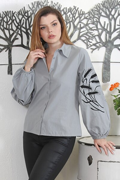 Chiccy Γκρι πουκάμισο με γιακά μπαλόνι μανίκι Κεντημένο υφαντό πουκάμισο casual