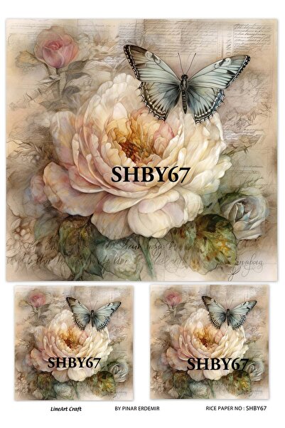 LİNEART Shabby Serisi SHBY67 Shabby Chic, Kelebek, Güller Pirinç Dekopaj 30x42
