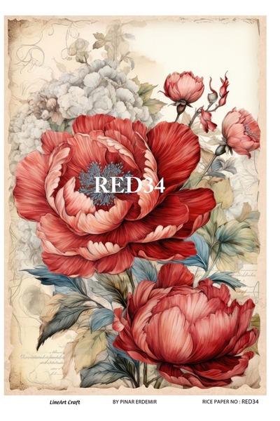 LİNEART Red Serisi RED34 Kırmızı, Çiçek, Kadın Desenli Pirinç Dekopaj 30x42