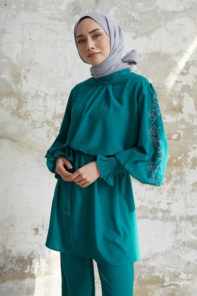 InStyle Stone Detailed Balloon Sleeve Double Satin Set - Emerald Green