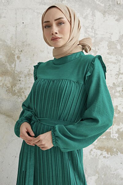 InStyle Ruffle Shoulder Pleated Linen Dress - Green
