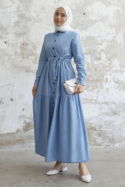 InStyle Shirt Collar Belted Denim Dress - Light Blue