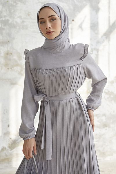 InStyle Φόρεμα από λινό πλισέ ώμου Ruffle - Γκρι