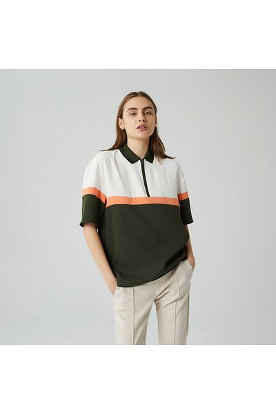 Lacoste Women's Relaxed Fit Short Sleeve Half Zipper Color Block Green Blouse