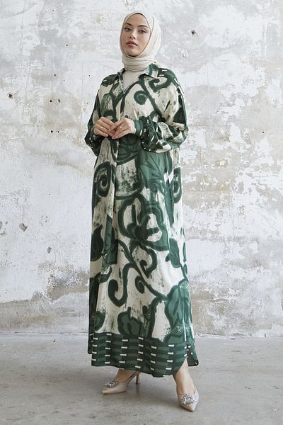 InStyle Shirt Collar Patterned Viscose Dress - Green
