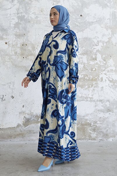 InStyle Shirt Collar Patterned Viscose Dress - Blue