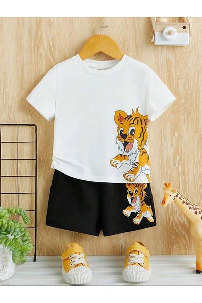 ENSE Summer Printed Shorts-T-Shirt Children's Sets//Buy One Size Larger// Beyazzzzzz