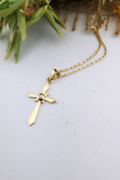 Utku Kuyumculuk 14 AYAR PIRLANTA TAŞLI EL YAPIMI HAÇ KOLYE