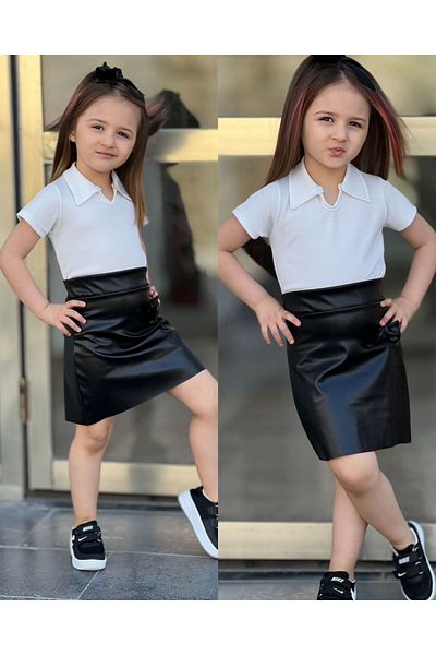 renkli diyar GIRL'S BOTTOM TOP SET LEATHER SKIRT RIBBON DETAIL AND SHORT SLEEVE T-SHIRT