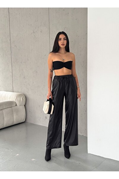 Noa Noa Lastikli Deri Görünümlü Parlak Kadın Yüksek Bel Pantolon