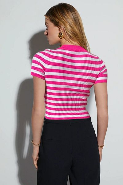 AQE FASHION Γυναικεία ριγέ κοντομάνικη φούξια μπλούζα με λαιμόκοψη