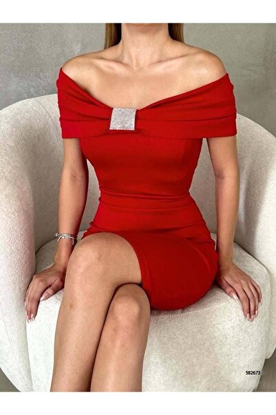 MODA DİNA فستان سهرة قصير بفيونكة وياقة مادونا وأحجار الراين، فستان وعد